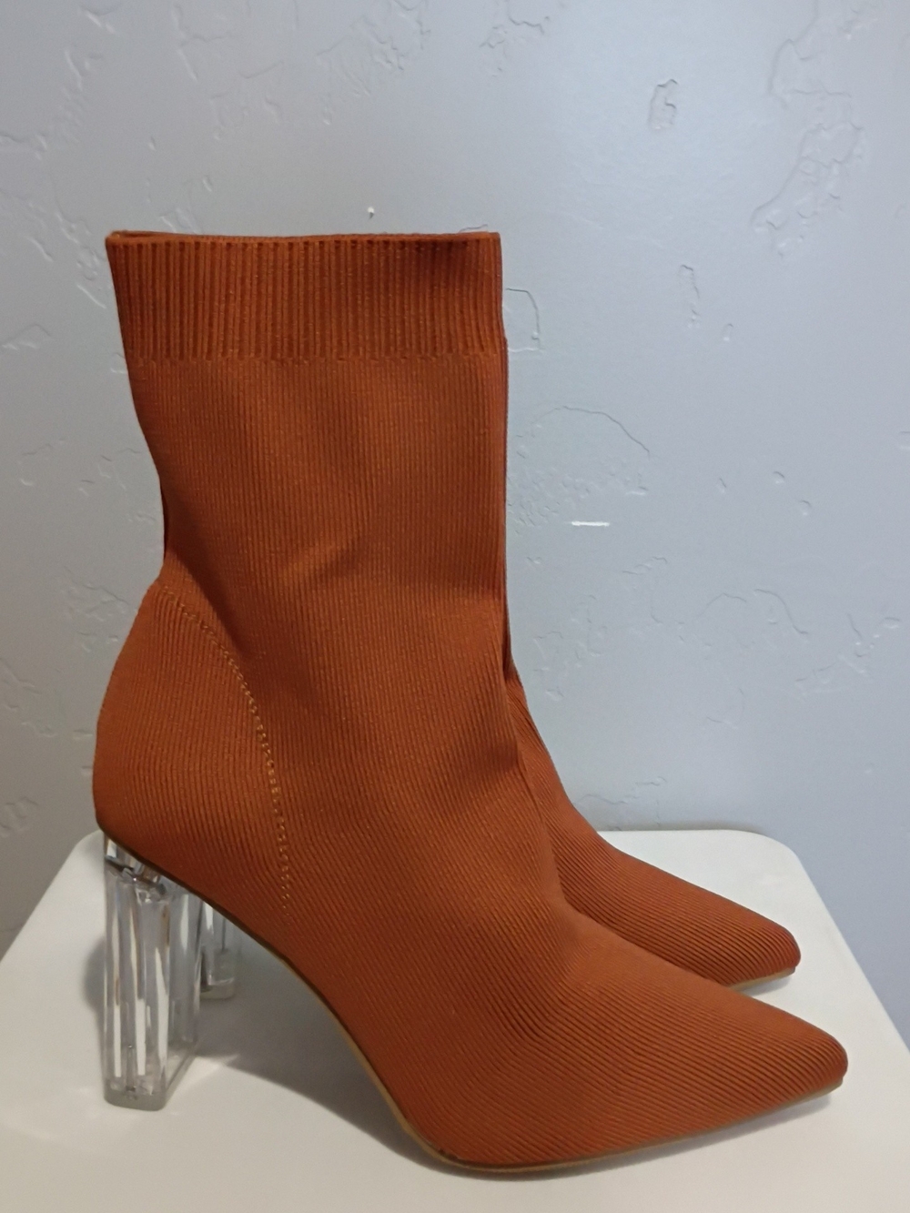 Rust Orange Sock Booties with Clear Block Heels